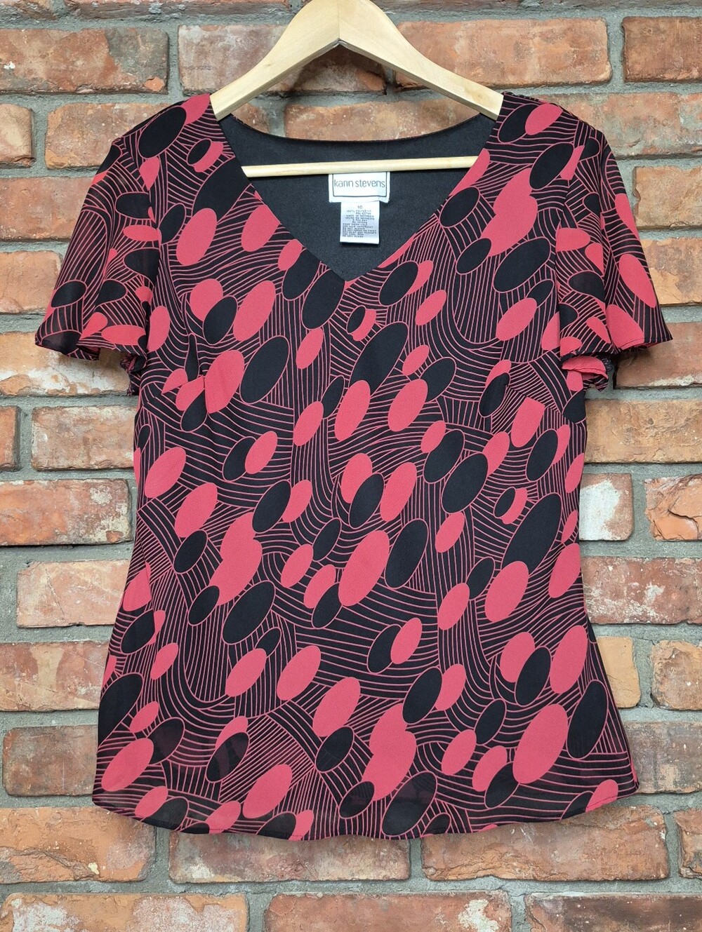 Karen Stevens Vintage 90s Red Black Abstract Print Flutter Sleeve Lined Top Sz 1